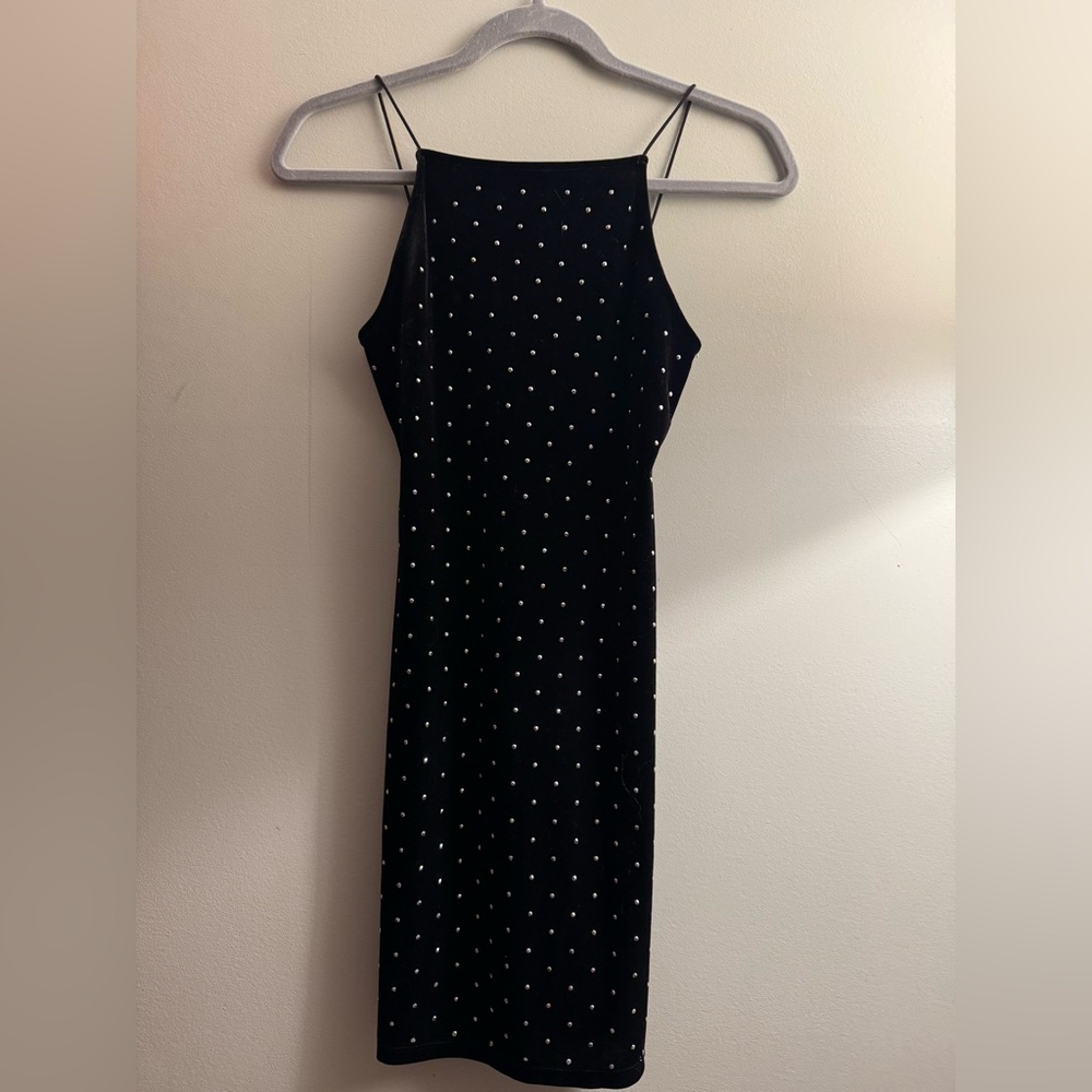 H&M Black Velvet Dress Silver Rhinestones All Over Spaghetti Straps LBD